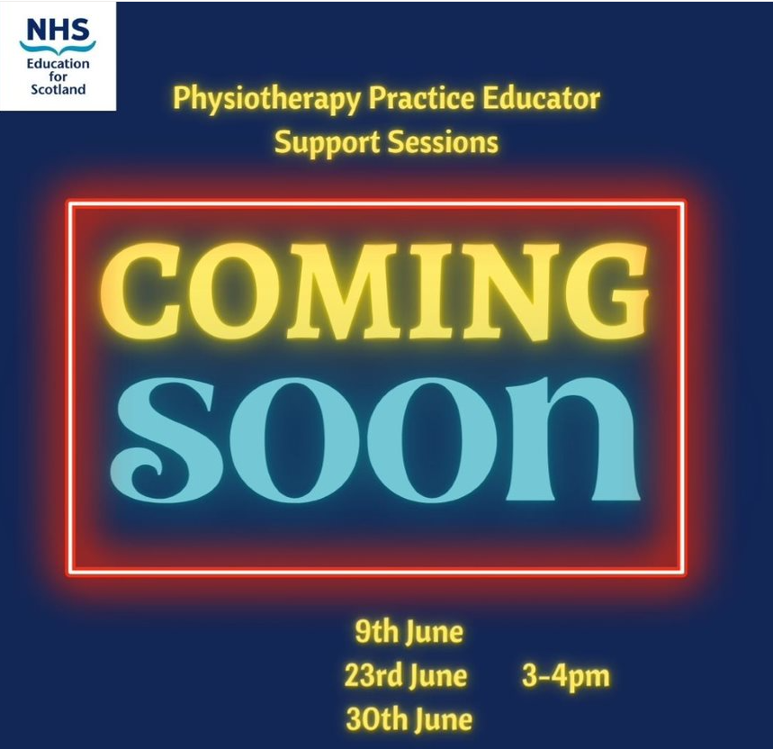 NESnmahp's tweet photo. Join NES in their upcoming Scottish Physio Practice Educator Support Sessions.
Watch this space for more information.
#PrBL
#PrBLRecovery
@JanetThomas47 @HiJanehislop @saraconroyPT
@CSPScot @HumphrisSarah @DonnaMWynne https://t.co/J6cvW6gTmi