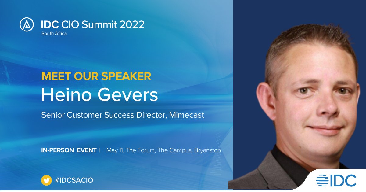 Mimecast's tweet photo. Heino Gevers will be speaking at the IDC CIO Summit, South Africa. He'll be discussing #ransomware, the findings of our State of Ransomware Readiness report and explaining what organisations need to do to improve their preparedness. #IDCSACIO https://t.co/NhCQnhrEx9 https://t.co/0UlpjlHd0n