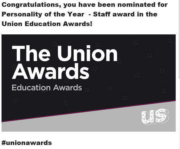 KarenderbyuniOT's tweet photo. Huge thanks to which ever lovely students nominated me for this award - dead chuffed, means  a lot ! Really sorry I won't make the ceremony tonight @DerbyOTsociety @DerbyOT #unionawards @DerbyUnion https://t.co/fFHFOLjRYp
