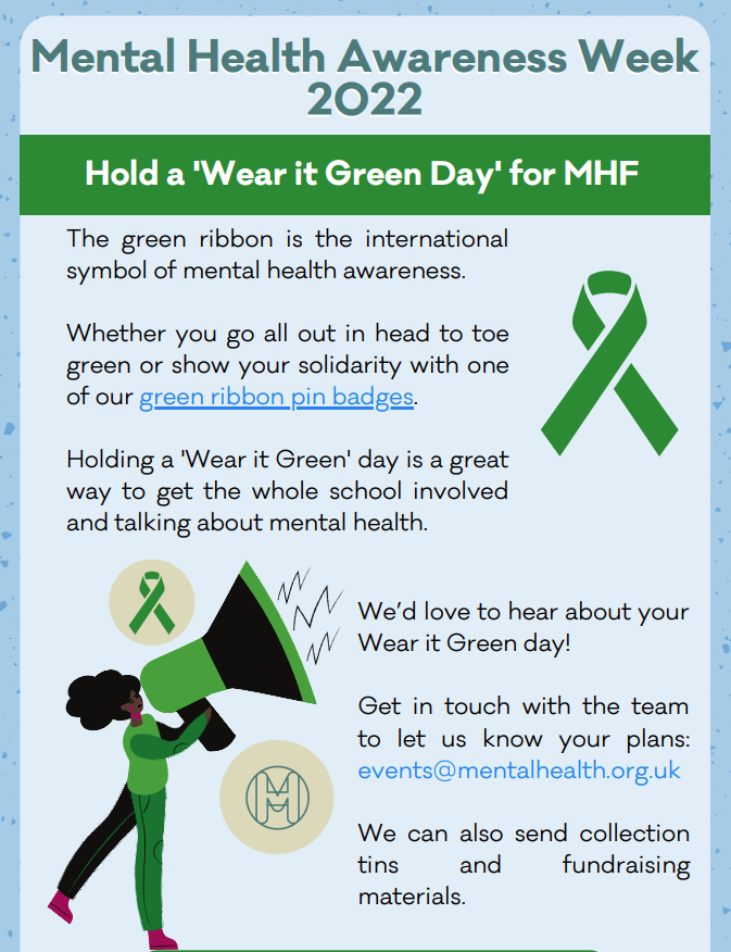 We will be supporting Mental Health Awareness Week 2022 by 'Wear it Green Day' on Friday 13th May
#MentalHealthAwarenessWeek #WearitGreenDay #Support #school