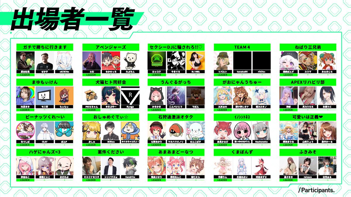 extureinc's tweet photo. 『Apex Legends エクスチュアカップ~社長討伐祭~』

出場メンバー発表

5/14(土)17:00〜お見逃しなく🎮

本配信(神視点):DONUTS USG公式YouTube▶️
https://t.co/gdgy6yxBKx

#エクスチュアカップ のハッシュタグをつけて
引用RTをして推しを応援しよう！ https://t.co/Lrs82NBLgK