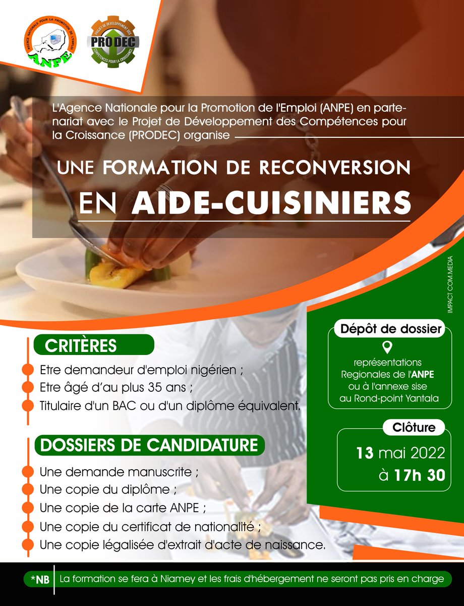 Passionnés de la restauration!
Si vous êtes intéressés , inscrivez-vous vite à L'ANPE ! La formation est gratuite.
<a href="/BM_Afrique/">Banque mondiale AFR</a>