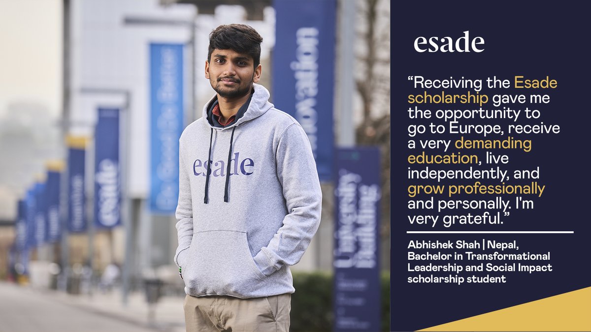 Esade's tweet photo. Abhishek Shah is a Nepalese student who is pursuing our new Bachelor in Transformational Leadership and Social Impact thanks to the Esade Scholarship Program. We asked him what it means for him to receive this scholarship and this is what he told us👇
#EsadeForTalent https://t.co/1EBmlzkj3p
