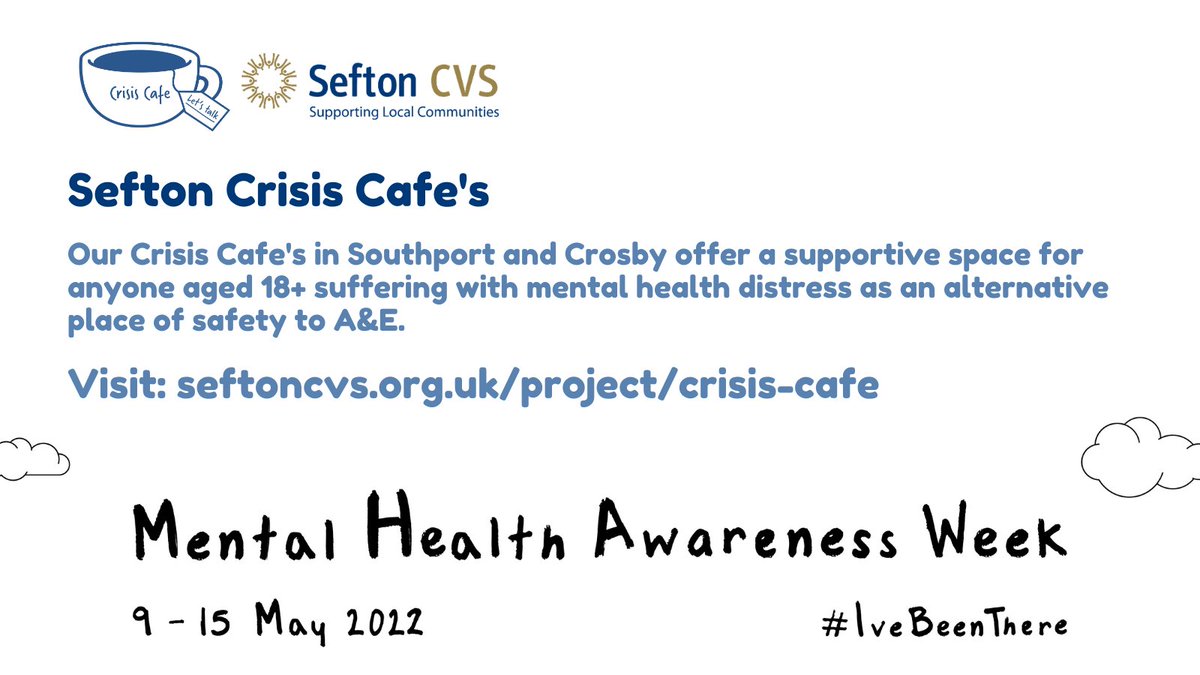 #MHAW22 | Sefton Crisis Cafe's 

📍 Southport Crisis Cafe (<a href="/CrisisCafe/">Sefton Crisis Cafés (Crosby & Southport)</a>) 
📍 Crosby Crisis Cafe (@Crisis_Cafe) 

🗓️ Open Friday, Saturday &amp; Sunday 5pm - 11pm. 

📲  0300 323 0197
📩 crisiscafe@seftoncvs.org.uk
🖥️ seftoncvs.org.uk/project/crisis…

#SeftonInMind #IveBeenThere #MySefton