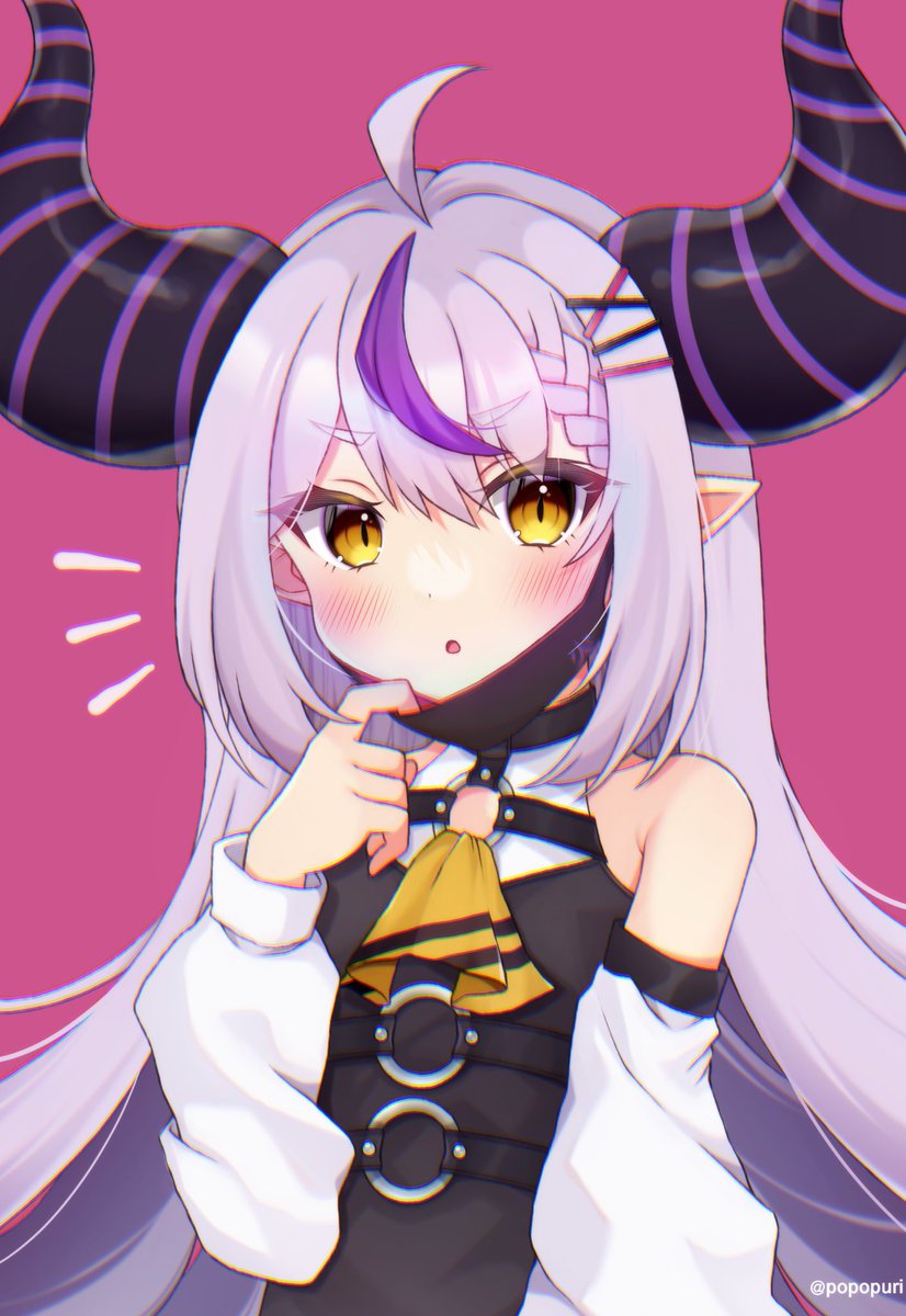 la+ darknesss 1girl solo horns pointy ears purple hair long hair mask pull  illustration images