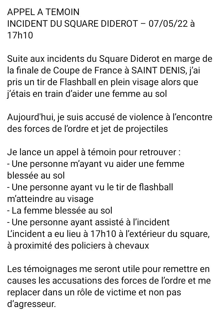 Cedrocancourt's tweet photo. ⚠️Pour ceux présents au Square Diderot à Paris. ⚠️
Prenez le temps de lire le récit et la demande d'aide de notre ami victime d'un tir de flashball en pleine tête.

#OGCNice
#NissaEnFinala
#NissaNacioun https://t.co/38QrapIRAx