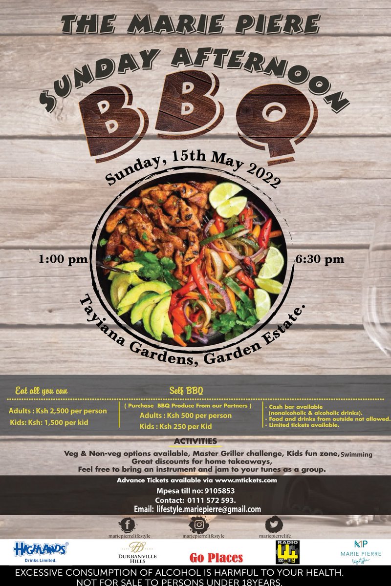 MariePierreLife's tweet photo. Nothing like a perfectly grilled piece of meat washed down with a cold beer, glass of red wine or cold soda. Have you grabbed your tickets @MticketsEvents_ yet? Don't be left out of the fun. @goplacesdigital @happycowdairy @HighlandsKenya #SunBBQ #Food #Drinks #Family #Friends https://t.co/p4wzsDOOvG