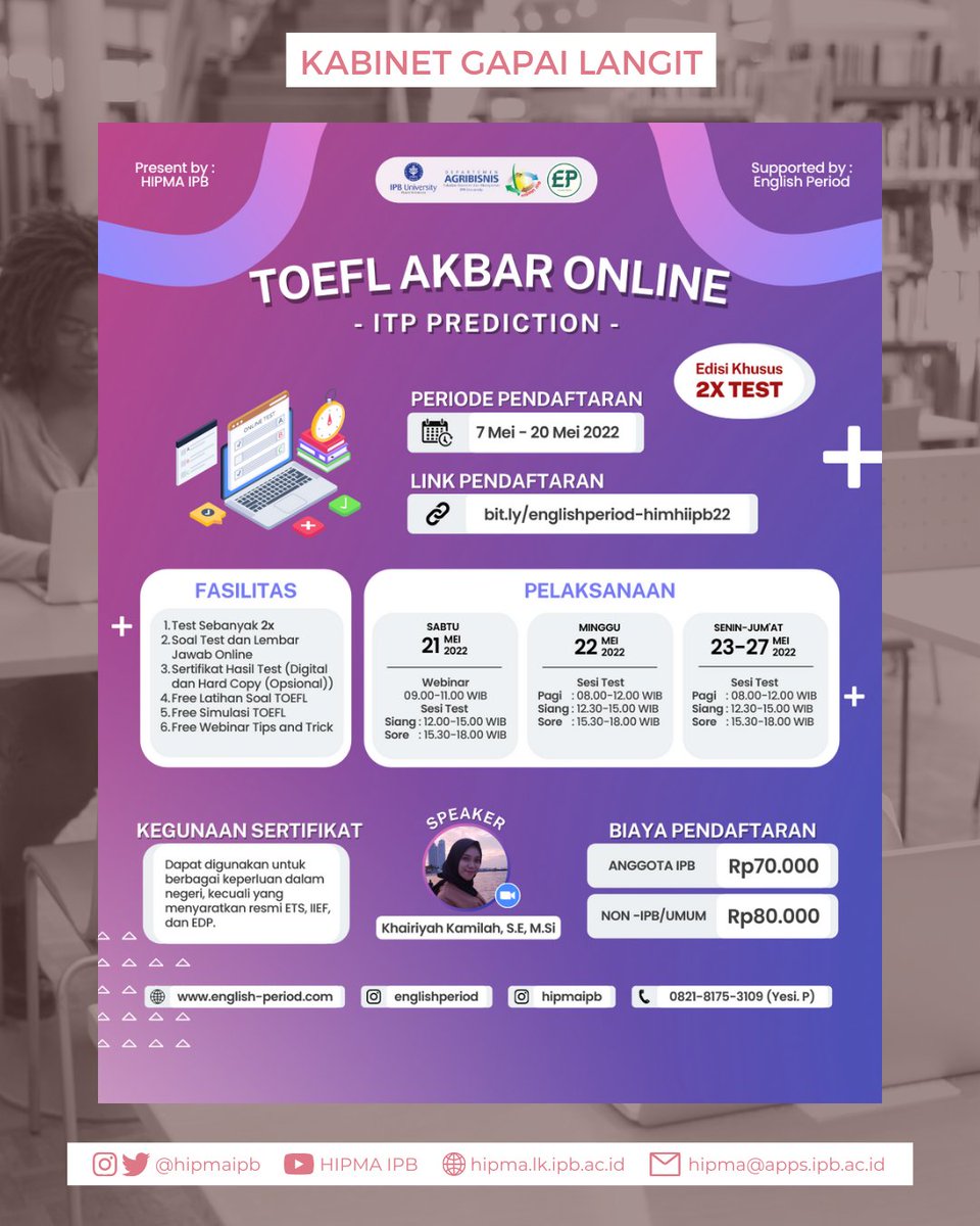HipmaIPB's tweet photo. [ONLINE TEST OF ENGLISH PROFICIENCY/TOEFL ITP PREDICTION AKBAR #ChapterIPB]

ENGLISH PROFICIENCY ONLINE #ChapterBOGOR
@hipmaipb X English Period is coming to town!

Registrasi Pendaftaran:
https://t.co/xm8JzteT4P

https://t.co/FXWbM8cBKC https://t.co/0Rd0khMF0O