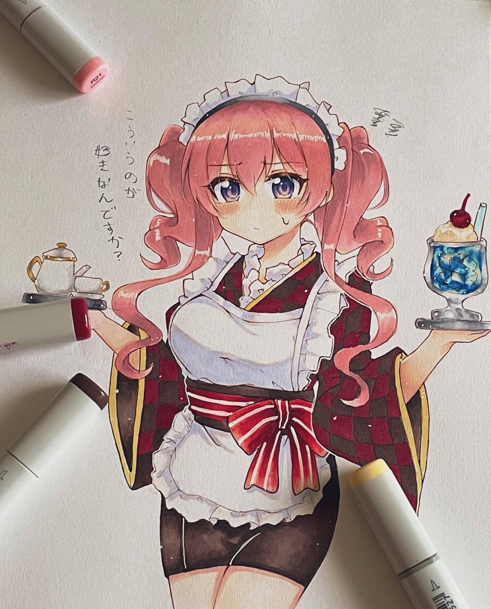 1girl wa maid solo traditional media apron marker (medium) japanese clothes  illustration images