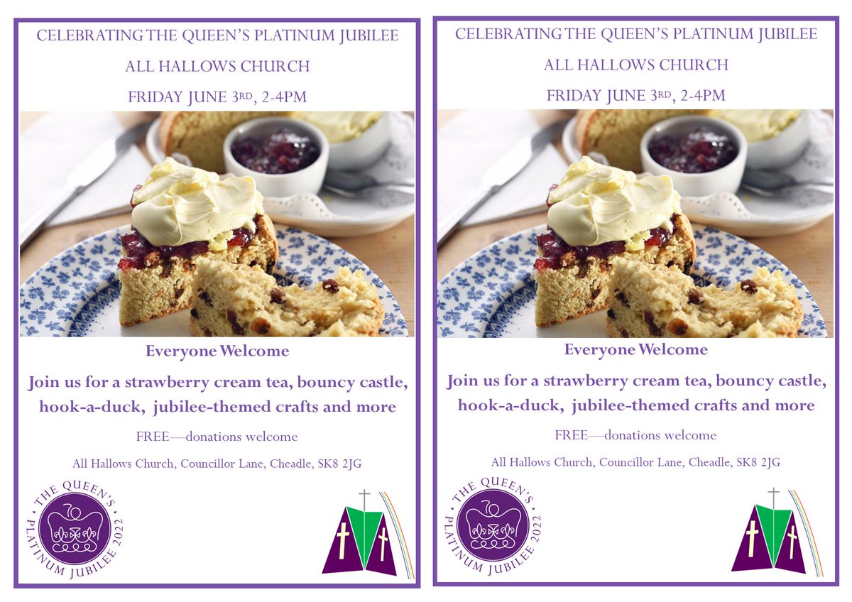 AHChurchCheadle's tweet photo. Celebrate the Queen's Jubilee with us on Friday, 3rd June from 2-4pm.  Cream tea, bouncy castle and crafts. https://t.co/mAWtevbWIJ