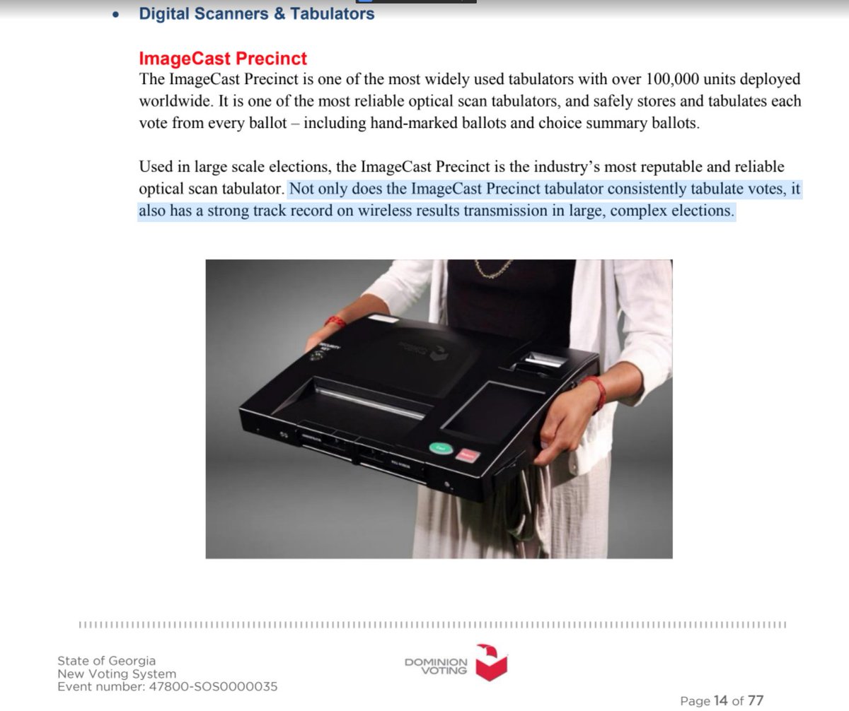Curiousityfirst's tweet photo. Georgia had purchased a tabulator they knew had a "strong track  record of wireless results transmission" as per their RFI documentation. @voterga @GaSecofState @ballots @canncon @KevinMoncla @BrianKempGA @DavidPerdueGA https://t.co/5KuTKoBEOA