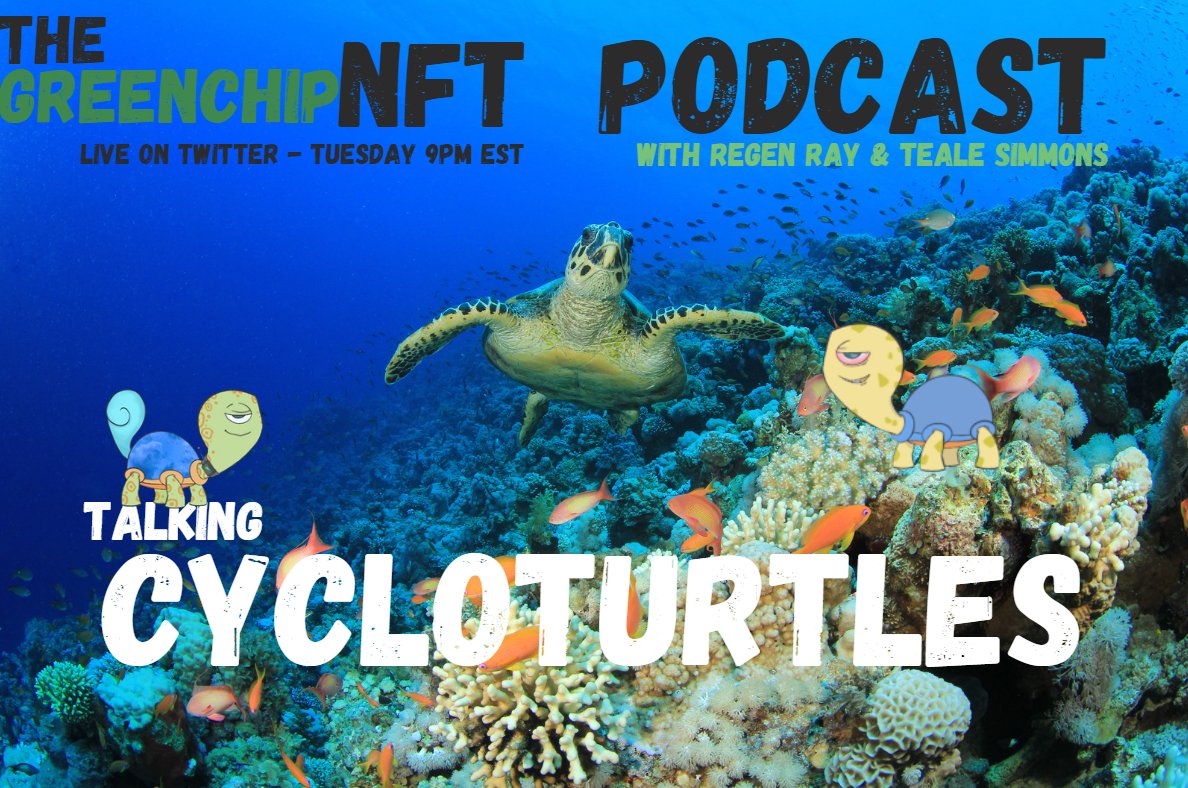 MetaTreesNFT's tweet photo. Super keen for the #GreenChipNFT podcast this week. We are interviewing @CycloTurtles!🐢

What alpha do you want to hear?

Listen live on this twitter space https://t.co/19k73r7aHd https://t.co/MBXREbRlw1