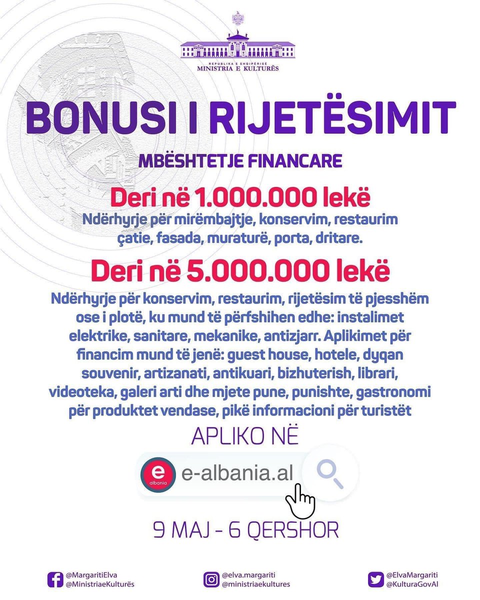 milvaekonomi's tweet photo. 🟢 Hapet sot aplikimi për të përfituar nga 𝘽𝙤𝙣𝙪𝙨𝙞 𝙞 𝙍𝙞𝙟𝙚𝙩𝙚̈𝙨𝙞𝙢𝙞𝙩, nisma më e re e Qeverisë Shqiptare 🇦🇱, që mbështet të gjithë ata që kanë në pronësi apo përdorim një objekt në qendra historike, ansamble historike urbane, zona arkeologjike https://t.co/oD1TBhsWu7