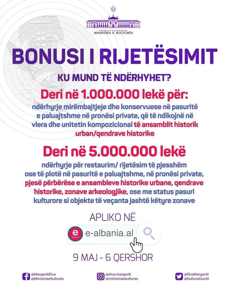 milvaekonomi's tweet photo. 🟢 Hapet sot aplikimi për të përfituar nga 𝘽𝙤𝙣𝙪𝙨𝙞 𝙞 𝙍𝙞𝙟𝙚𝙩𝙚̈𝙨𝙞𝙢𝙞𝙩, nisma më e re e Qeverisë Shqiptare 🇦🇱, që mbështet të gjithë ata që kanë në pronësi apo përdorim një objekt në qendra historike, ansamble historike urbane, zona arkeologjike https://t.co/oD1TBhsWu7