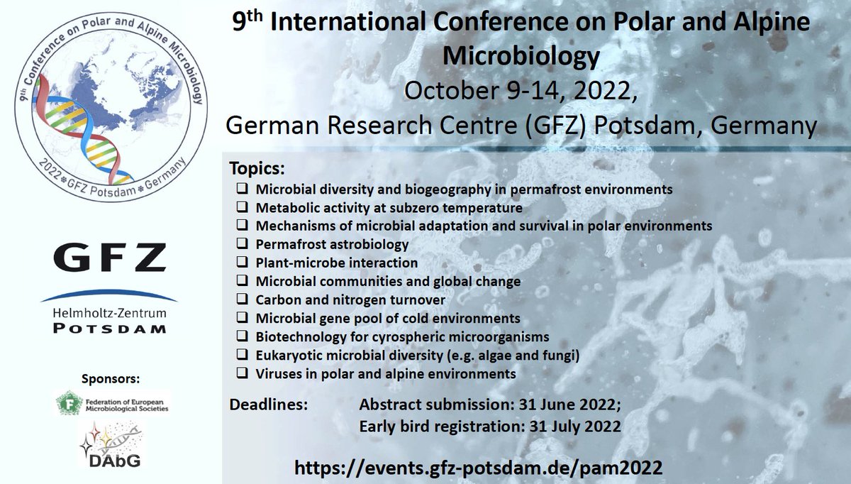Here is the long awaited news: the 2022 Polar and Alpine Micvrobiology Meeting #PAM2022 will happen in person at the <a href="/GFZ_Potsdam/">GFZ</a> in Postdam between Oct 9 and 14th 2022  

see below 1st circular and for info and updates bookmark the #PAM2022 website events.gfz-potsdam.de/pam2022