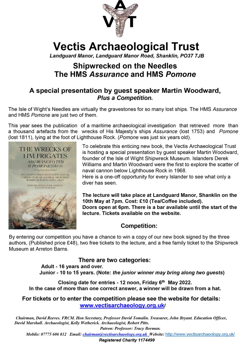 Join museum founder Martin Woodward as he tells the story of the HMS Assurance and HMS Pomone, both wrecked on the Needles, at Landguard Manor, Shanklin, at 7pm today. The event is hosted by Vectis Archaeological Trust.
Tickets cost £10 &amp; include tea and coffee!