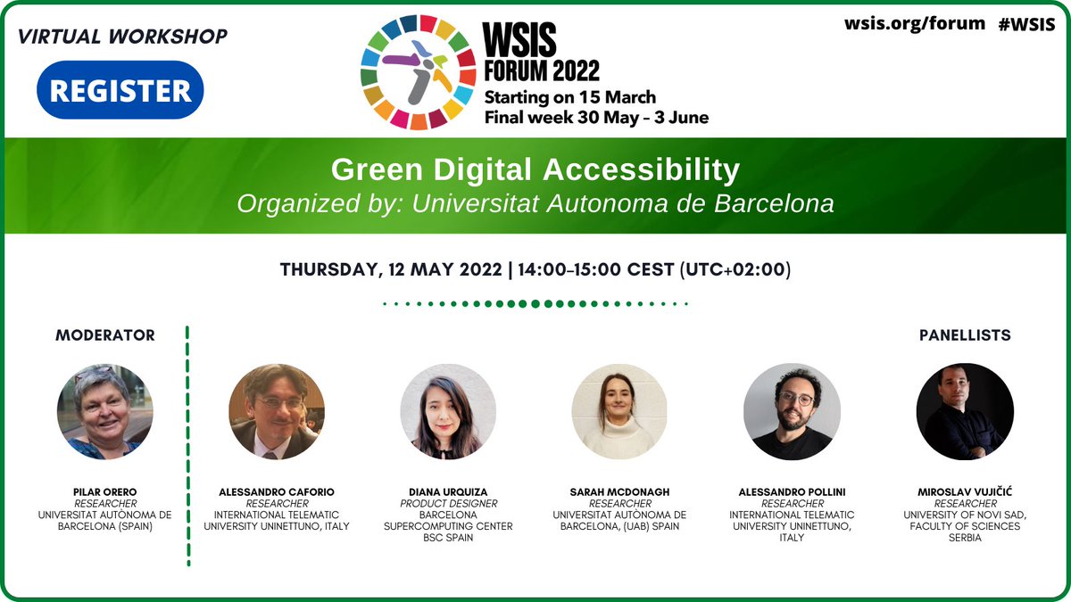 WSISprocess's tweet image. Join us on Thursday for this workshop on Green Digital Accessibility!

Register: bit.ly/3kTICNg

@UABBarcelona @uninettuno @RektoratUNS @BSC_CNS