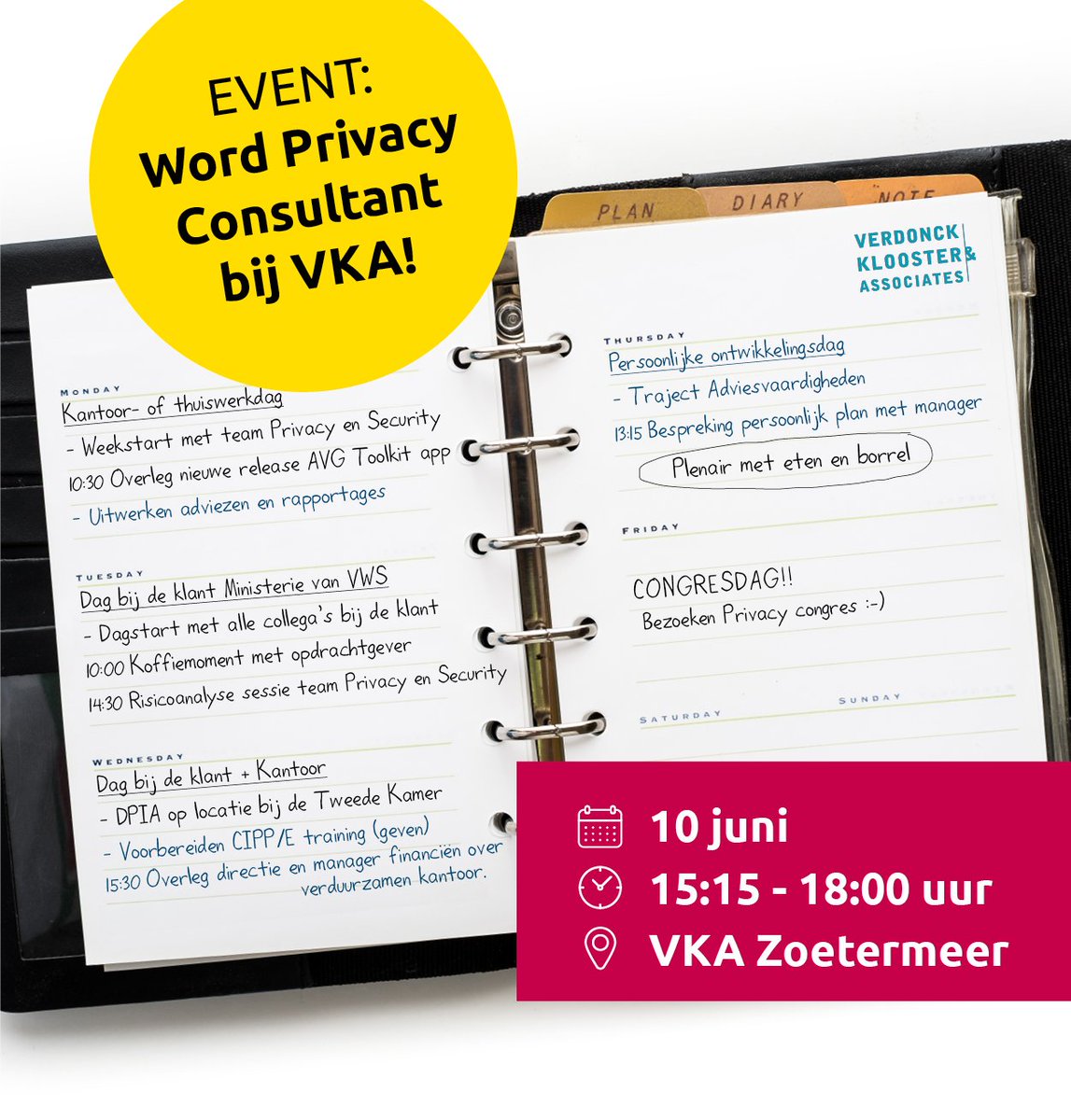 Ben jij toe aan een eerste of tweede stap in je carrière en wil jij graag weten of privacy consultancy iets voor jou is? Dan is dit event op jouw lijf geschreven!

Meer informatie: vka.nl/word-privacy-c… 

#werkenbijVKA #vrijblijvend #kennismaken #vacature #privacy #consultant