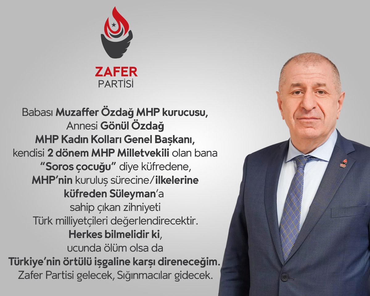 Zafer Partisi'ni kurarken, Büyük Türk Milleti'ne söz vermiştim; “Hiçbir saldırı, hiçbir tehdit ve yıldırma operasyonu, beni Türkiye’nin bilim, birlik, barış yolunda verdiğimiz mücadelede geri adım atmama neden olmayacaktır.” 
Verdiğim sözün sonuna kadar arkasındayım!