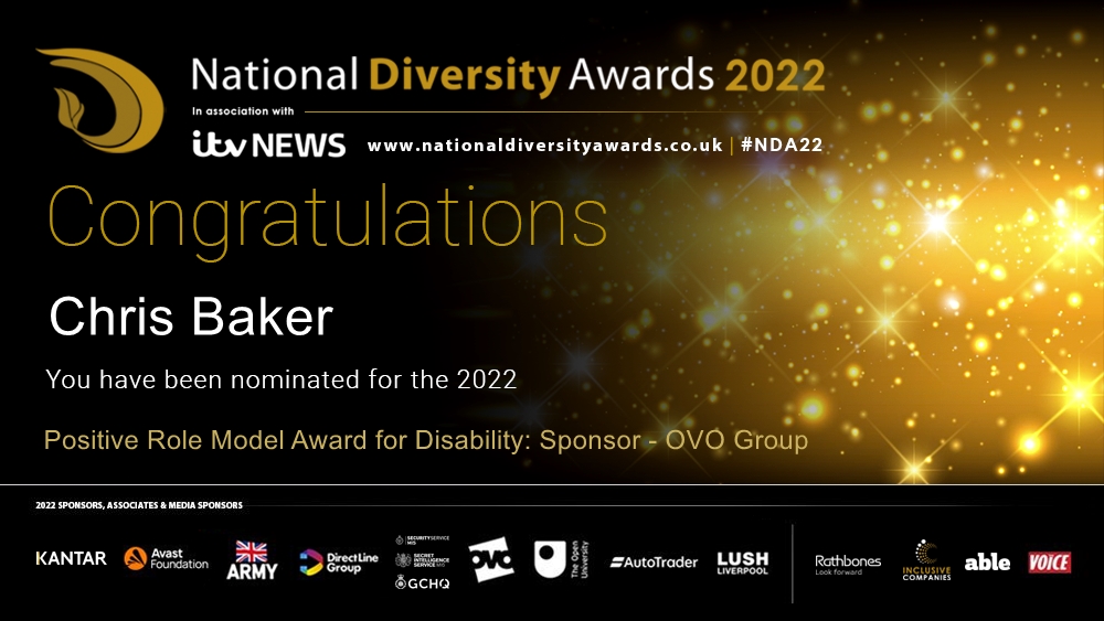 Congratulations to Chris Baker @theartist_baker who has been nominated for the Positive Role Model Award for Disability: sponsored by @ovoenergy at The National Diversity Awards 2022 in association with @itvnews. To vote please visit nationaldiversityawards.co.uk/awards-2022/no… #NDA22 #VotingNowOpen