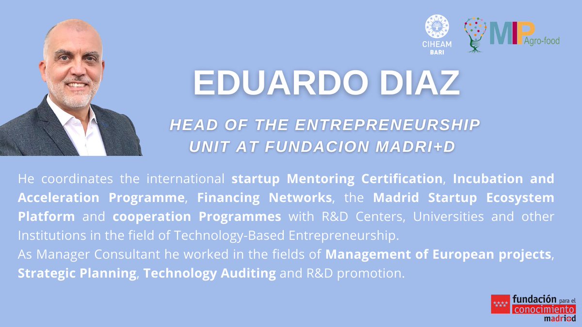 CIHEAMBari's tweet photo. 📅12 May 2022 h. https://t.co/M7bf4hF7k8
"Mentoring: a practical experience”, #webinar organized by #CIHEAMBari, in the framework of Mediterranean Innovation Partnership #MIP #WebAcademy activities.
🗣️Eduardo Diaz
👉https://t.co/hfx6hDnTqy
About Eduardo Diaz👇 https://t.co/oDTy70UFFr