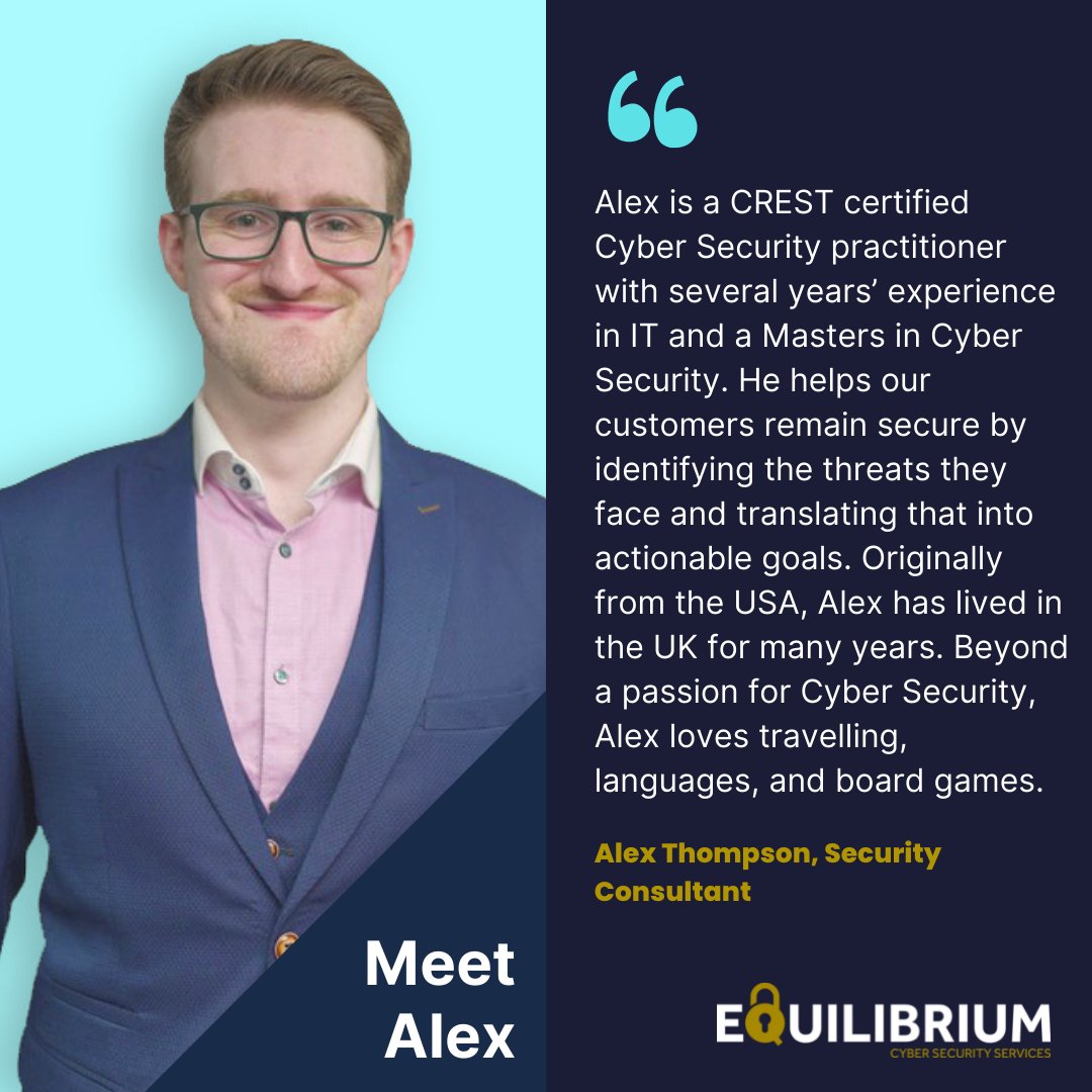EquilibriumSS's tweet image. ⭐👨‍💼Meet the team Tuesday👨‍💼⭐

Meet Security Consultant Alex Thompson.

#MeetTheTeam #EquilibriumSecurity

Meet more of the team over on our website: lnkd.in/gKdqqXNR
