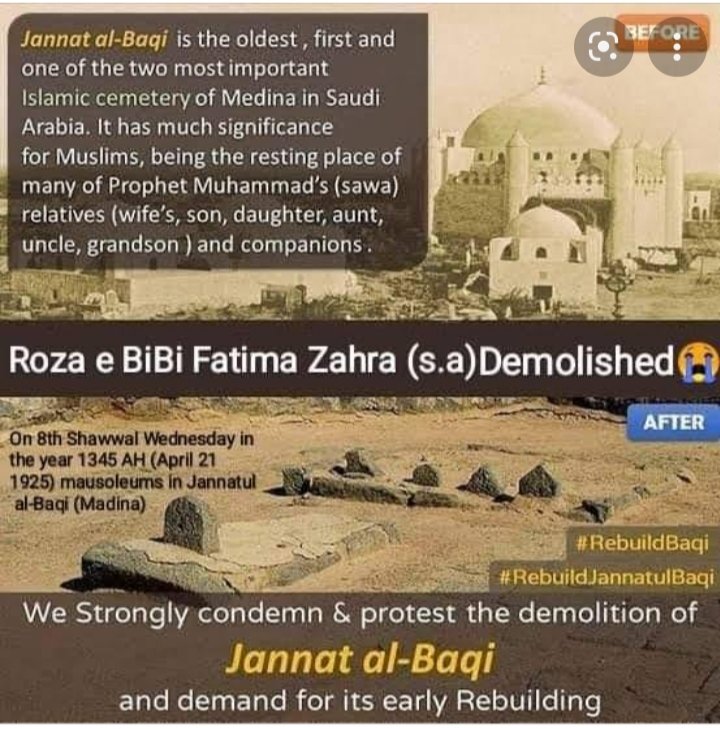 M_NaqviBukhari's tweet photo. 8th Shawwal "Black Day", in the history of Islam when Aale Saud demolished the holy graveyard of Jannatul Baqi where Prophet Muhammad's (saw) relatives (Wife's,Sons,Daughter,Grandson) and his Companions are buried. 
We Protest the demolition of #JannatulBaqi 
#RebuildBaqi https://t.co/WDcbzFOhWP