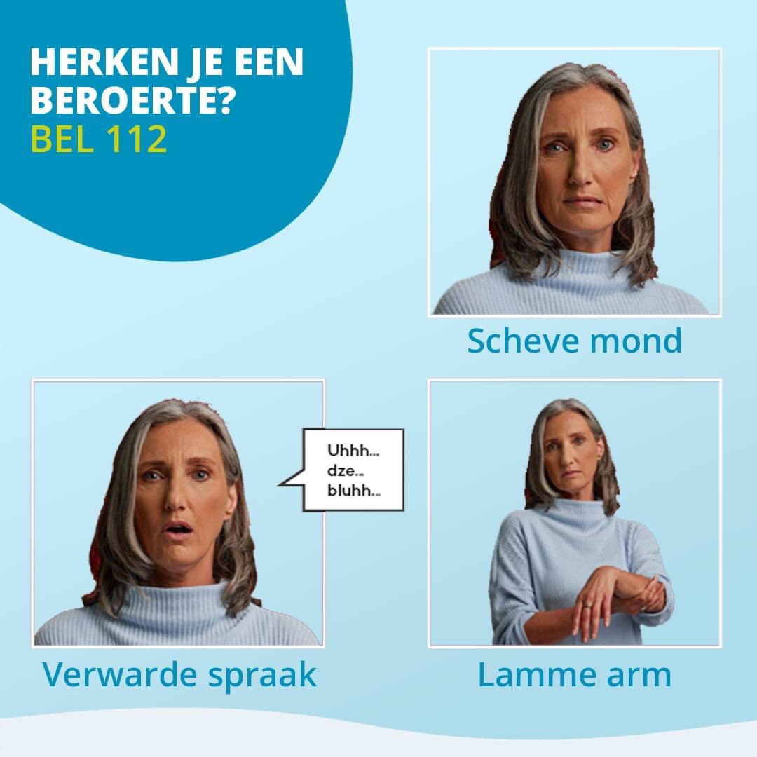 Bij een #beroerte is een bloedvat in de hersenen kapot of afgesloten door een bloedprop. Een beroerte begint vaak bij een scheve mond, verwarde spraak en/of lamme arm. Als je dit ziet, bel 112 om erger te voorkomen. Herken jij een beroerte? Doe de test: bit.ly/3M3evPk
