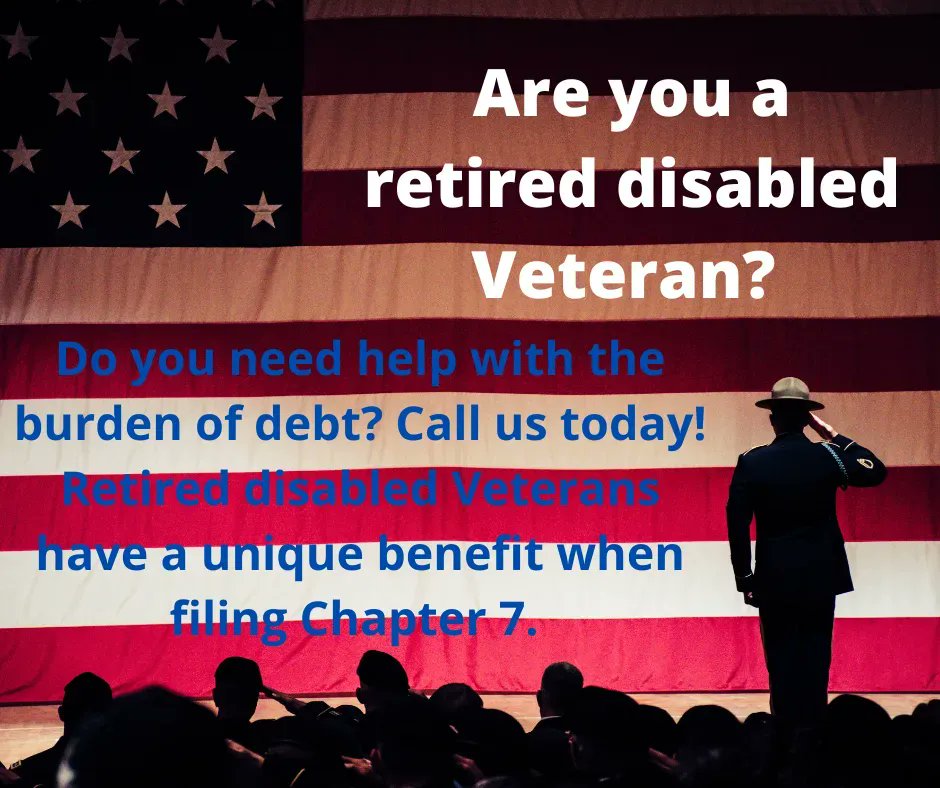 MichaelMoody's tweet photo. Are you a retired disabled Veteran? Do you find yourself over loaded with debt? Call us today to discuss the unique benefits available for retired disabled Veterans when filing Chapter 7 bankruptcy. 850-739-6970 https://t.co/jJKie3WxW3