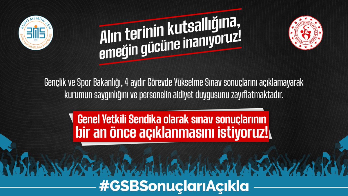 1⃣ Alın terinin kutsallığına, emeğin gücüne inanıyoruz!

Gençlik ve Spor Bakanlığı, 4 aydır Görevde Yükselme Sınav sonuçlarını açıklamayarak kurumun saygınlığını ve personelin aidiyet duygusunu zayıflatmaktadır.

#GSBSonuçlarıAçıkla
<a href="/kasapoglu/">Dr. Mehmet Kasapoğlu</a> <a href="/gencliksporbak/">Gençlik ve Spor Bakanlığı 🇹🇷</a>