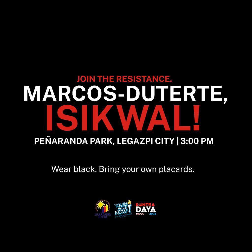 yanatbicol's tweet photo. TUTULAN ANG PANUNUMBALIK NG MARCOS-DUTERTE SA MALACAÑANG! 

MARCOS-DUTERTE, ISIKWAL! 

May 11 | Peñaranda Park, Legazpi City | 3:00PM

Assembly starts at 2:30PM. Wear black. Bring your own placards. 

#RejectMarcosDuterte
#COMELECPanagutin
#NeverAgain https://t.co/SlgUuUq34W