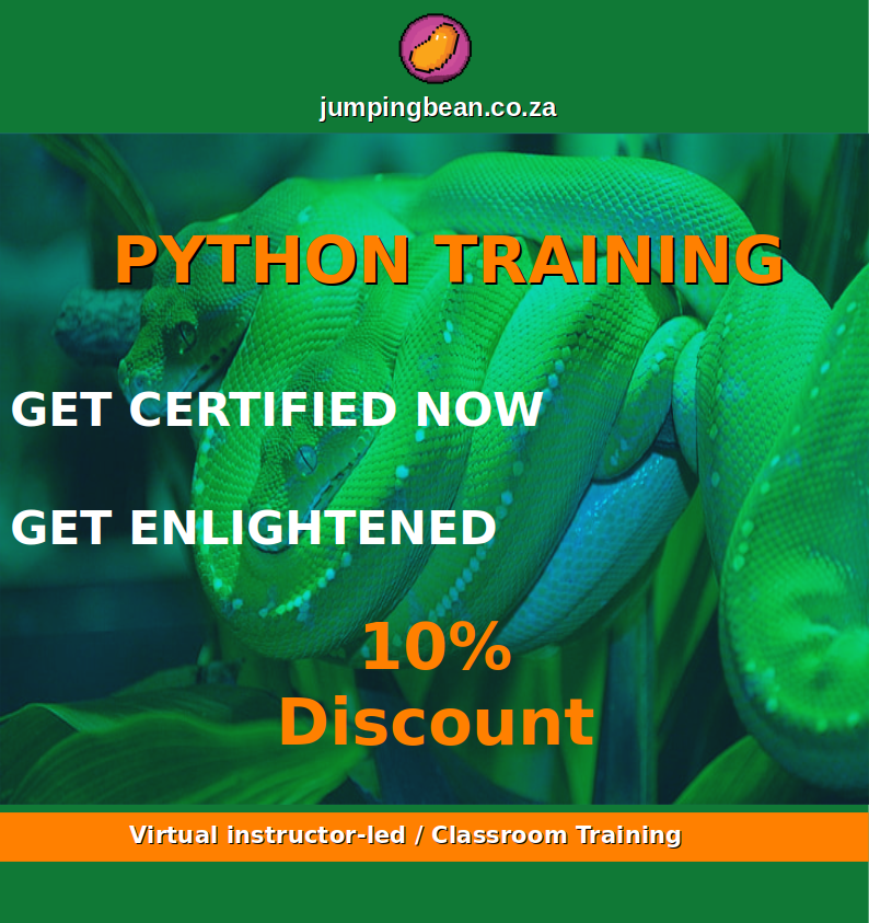 jumpingbeansa's tweet image. Python Training.Get Trained 🎓From beginner to Advanced.
Make a booking with us to receive 10% Discount
Telephone+27 11 781 8014
email:support@jumpingbean.co.za
#PythonCertificationTraining #PythonProgrammer #pythontrining #python