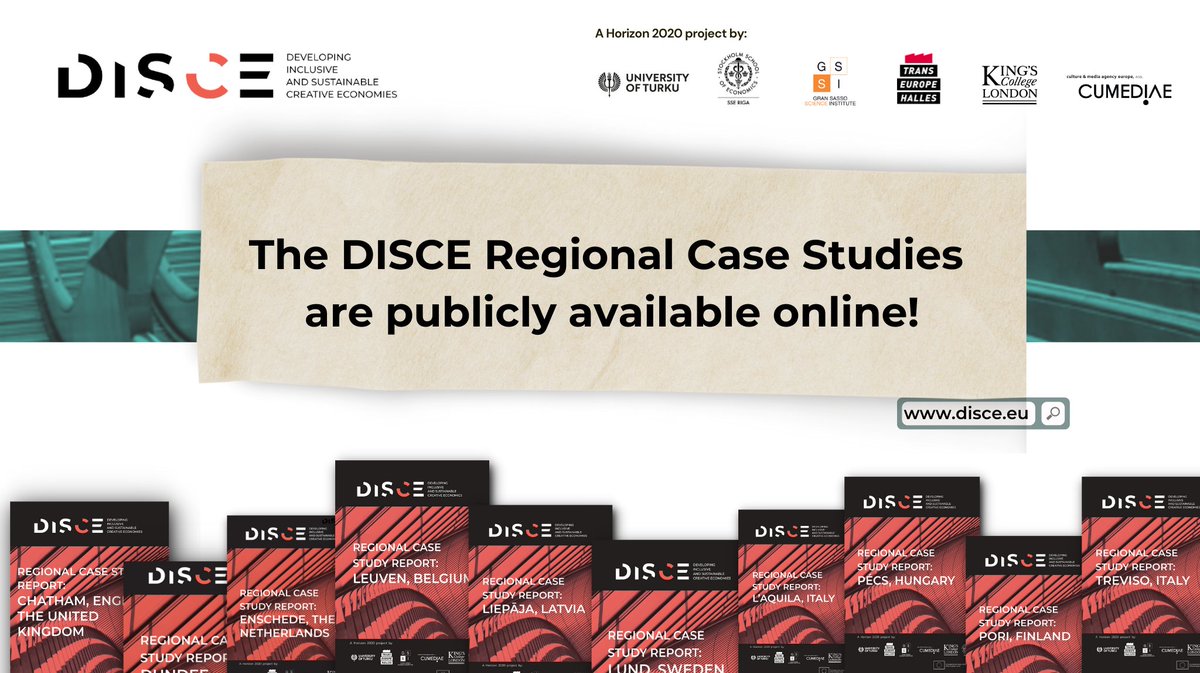 DISCE_EU's tweet photo. 📣The #DISCE Team is happy to announce that the regional case studies are available online!🎉
They deal with a selection of cities that were studied in regards to existing academic and policy documents related to creative economies.💡
🔗 Read them here:
https://t.co/MnbpUQBVpk https://t.co/RPpdedzvnh