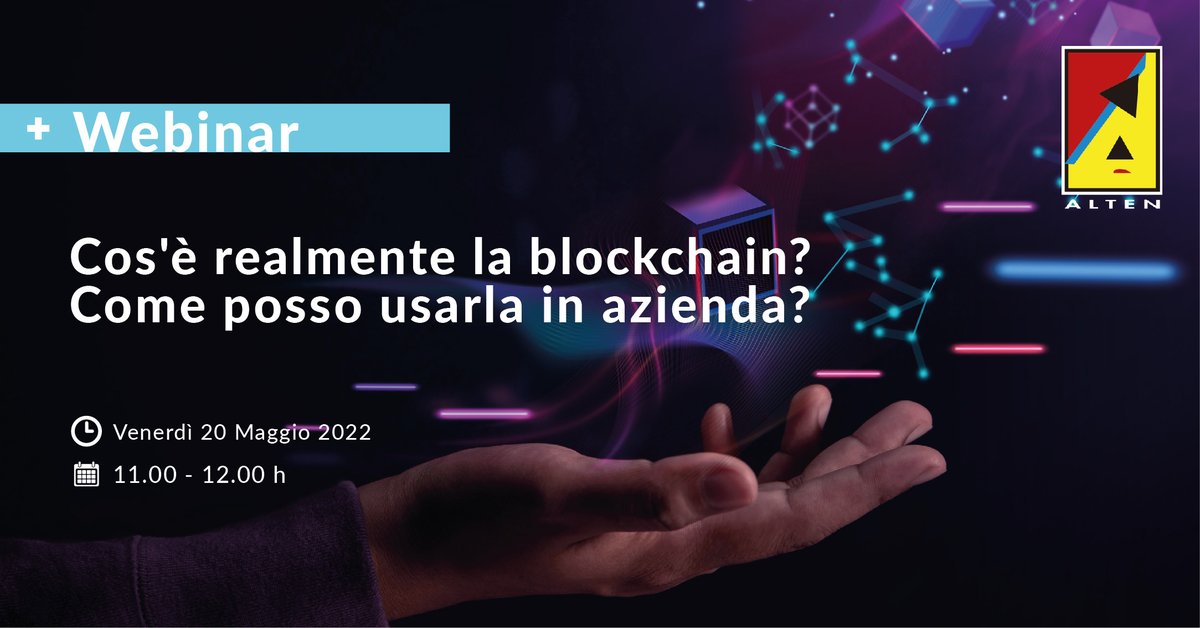Cos'è realmente la #blockchain?
Come posso usarla in azienda?  
 
Partecipa al webinar dedicato a questa tecnologia rivoluzionaria e scopri come utilizzarla all'interno dei prodotti e dei processi aziendali B2B e B2C.
 
Quando? Scoprilo qui ➡️ bit.ly/3yfMWhA.
 
#ALTEN.