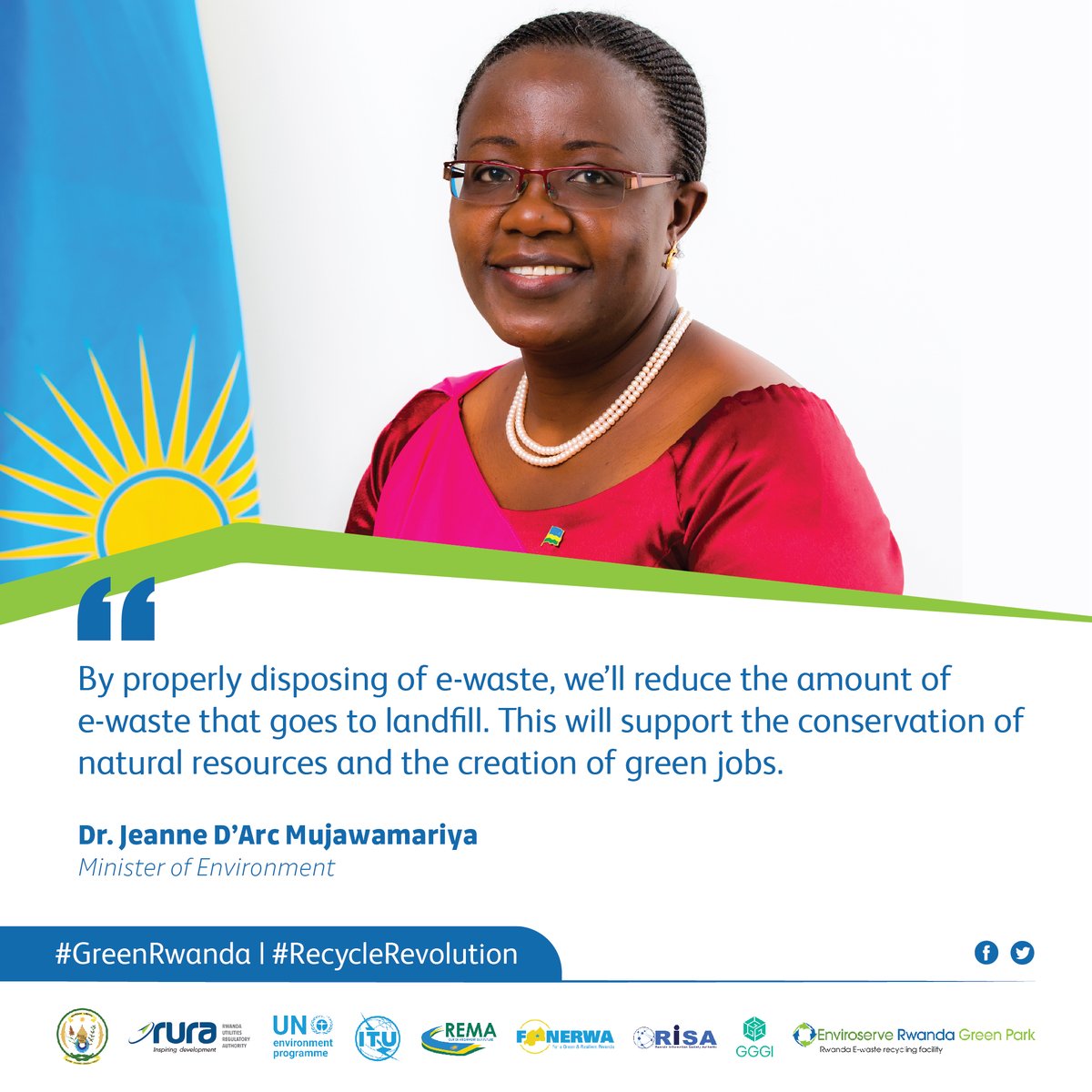 Rwanda’s Minister of Environment Dr. <a href="/MujaJeanne/">Mujawamariya Jeanne d'Arc</a> the vital impact of proper e-waste management in Rwanda. <a href="/RURA_RWANDA/">Rwanda Utilities Regulatory Authority - RURA</a> <a href="/UNEP/">UN Environment Programme</a> <a href="/ITUDevelopment/">ITU Development</a> <a href="/EnvironmentRw/">Ministry of Environment - Rwanda</a> <a href="/RwandaICT/">Ministry of ICT and Innovation | Rwanda</a> 

#GreenRwanda 🇷🇼🌿 | #RecycleRevolution ♻️