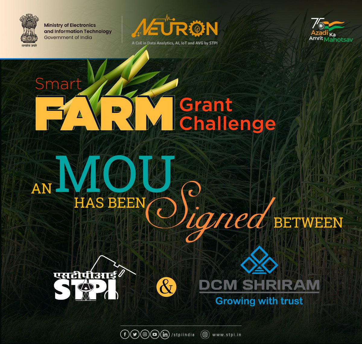 stpiindia's tweet photo. A Memorandum of Understanding has been signed between #STPIINDIA and @DCMShriramLtd, a knowledge Partner for #SmartFarmGrantChallenge, on 9th May 2022 to further galvanise the tech startup ecosystem. #STPICoEs #STPINEURON #SFGC @GoI_MeitY @arvindtw @CoeNeuron @sfgcstpi https://t.co/lmnvYUR7tE
