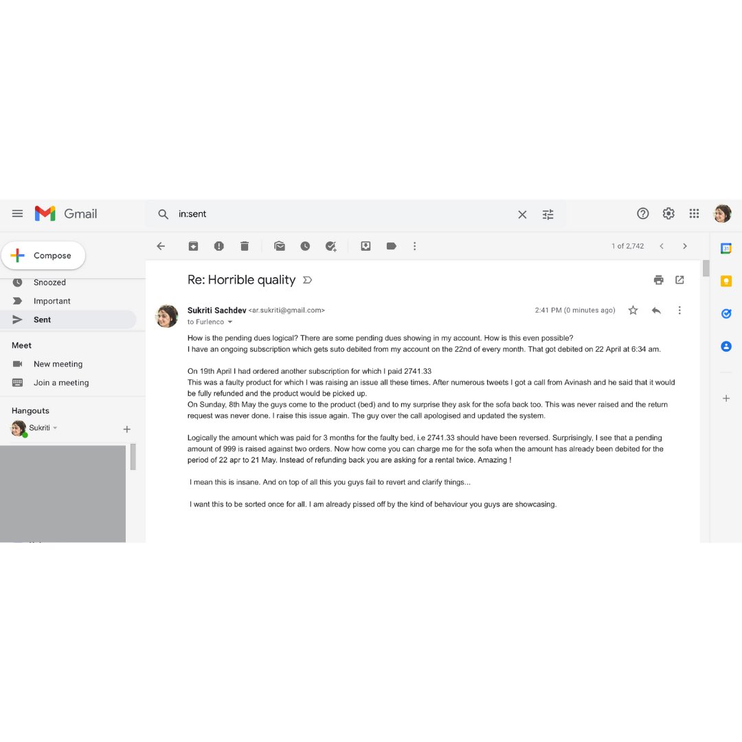 Sachdev_Sukriti's tweet photo. PFA screenshot of Another email! @FurlencoSupport @FURLENCO  
#rentfurniture #furnitureonrent #furlenco 
Must say hats off to the most non responsive team ever !!!! #zerocustomersupport https://t.co/7kZwAA9tXE