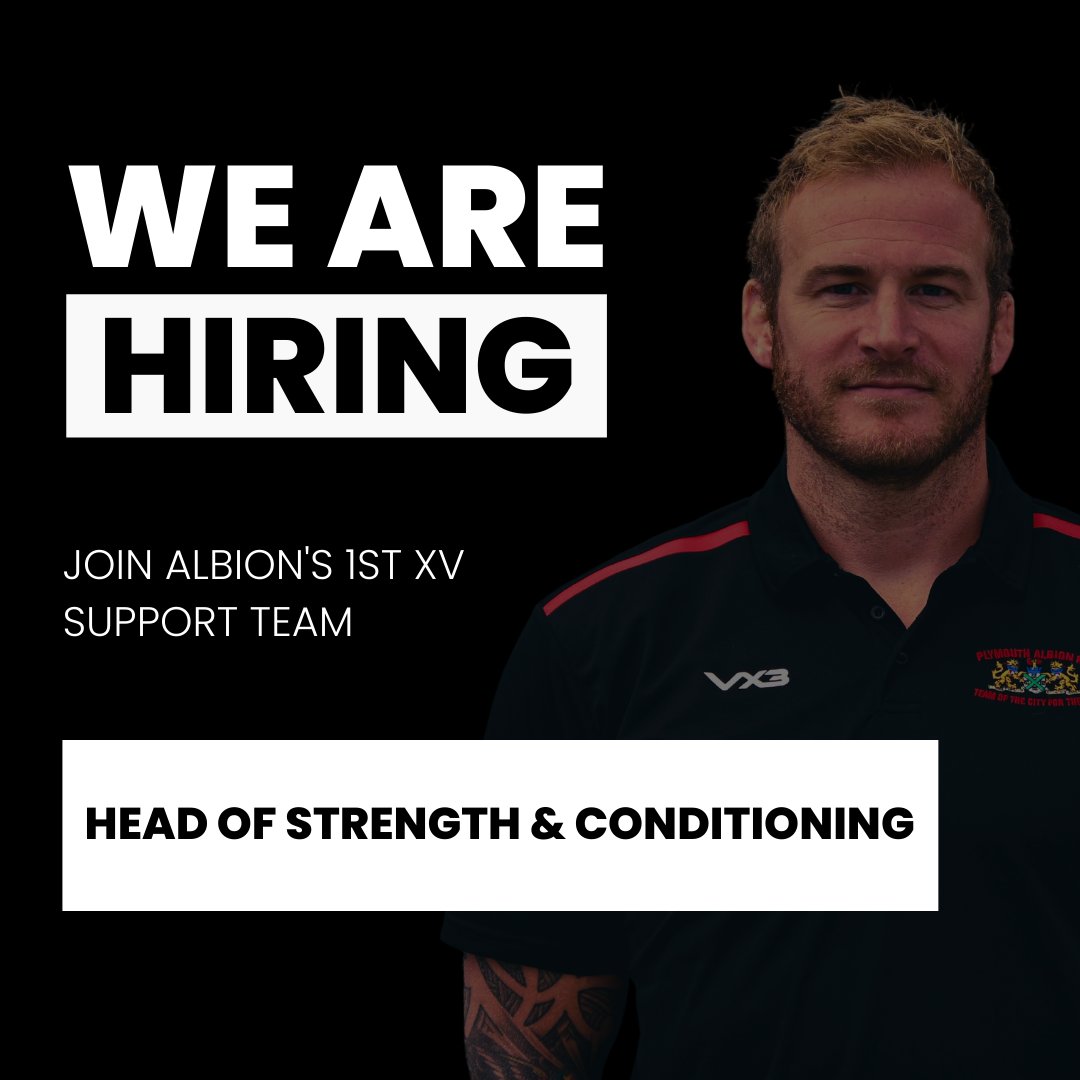 𝗝𝗢𝗜𝗡 𝗢𝗨𝗥 𝗧𝗘𝗔𝗠
We are looking for a Head of S&amp;C to take responsibility for the physical preparation and recovery of the Albion 1st XV.

Please contact max@plymouthalbion.com for full details.

#AlbionAsOne #strengthandconditioningcoach #plymouth #rugbyjobs