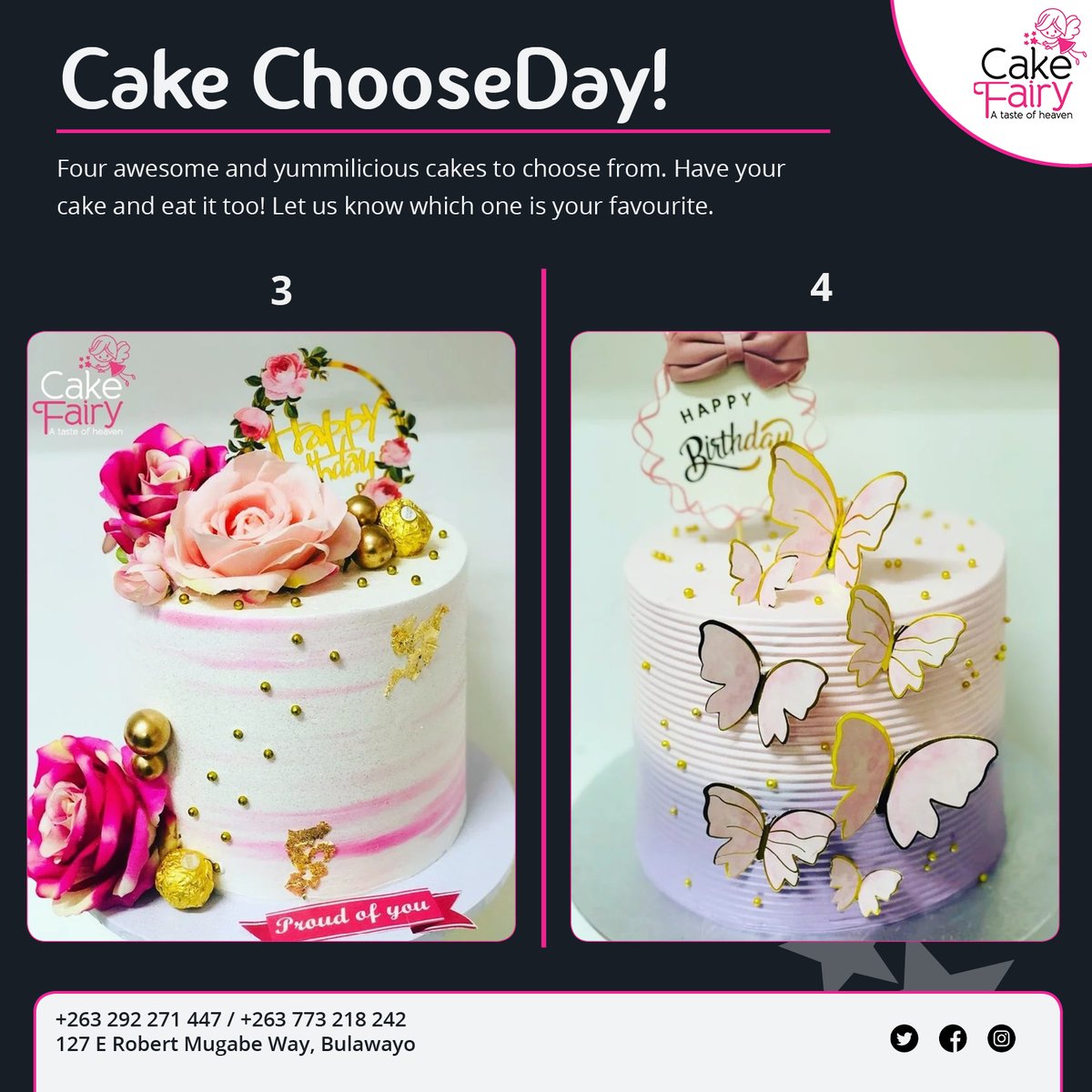 Hey! It's another #CakeChooseDay! We have selected four of our recent yummilicious cakes and would like to know which is your favourite?

For cake orders or enquiries visit us in-store @ 127 E Robert Mugabe Way, Btwn 13 &amp; 14th Av, Bulawayo or call 0773218242.
#cakefairyzim #vrzmb