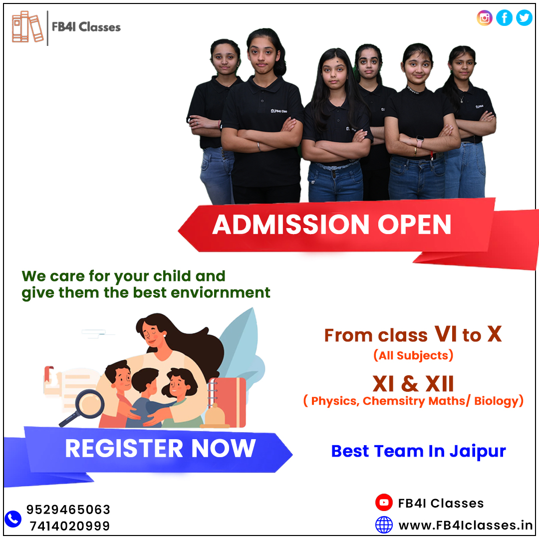 Admission Open for Classes - 
VI to X (All Subjects)
XI & XII (Physics,Chemistry,Maths/Biology)
#Bestteaminjaipur 
#Fb4IClasses 
For more details:fb4iclasses.in
#neet2022  #instituteinmansarover #12coachingclasses #iitclasses #jeeclasses #iitjeepreparation #neetinstitute