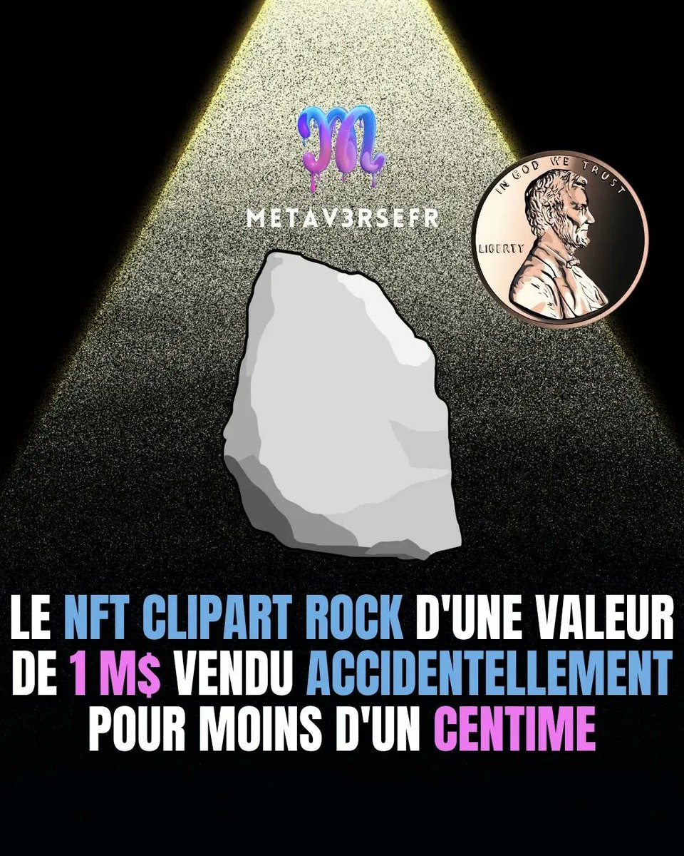 Metav3rseFr's tweet photo. Un collectionneur de NFT a accidentellement vendu son Clipart rock NFT d'une valeur de 1 million de dollars pour moins d'un centime. 🤯

#nfts #nft #nftfrance #nftfr #web3 #metaverse #metavers #collectionnft #collectionneurdenft #clipart #clipartrock #Wei #ether #ethereum #rock https://t.co/8rQxjOSomX