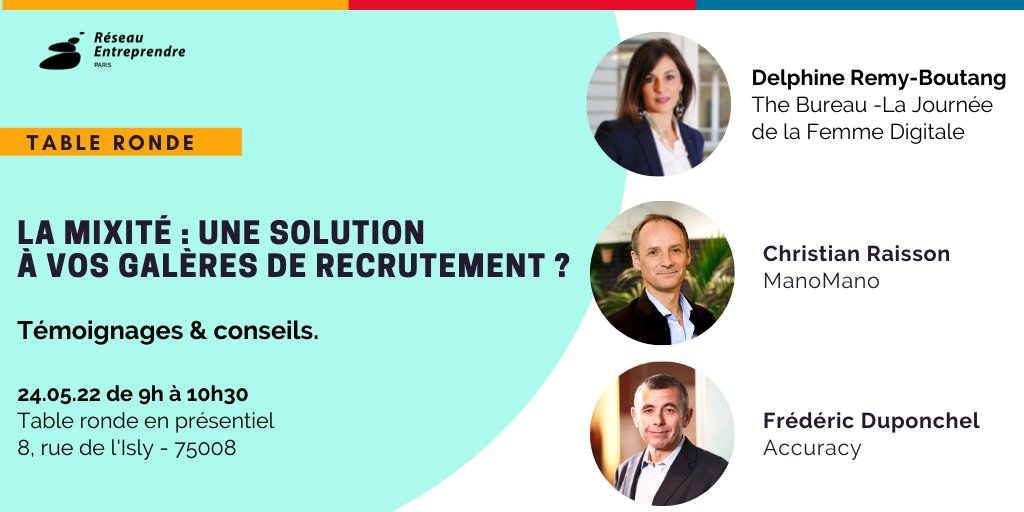 La #mixité : une solution à vos galères de recrutement ?

📅 Mardi 24 mai, 9h00 à 10h30, 3 entrepreneurs de choc partageront leurs meilleurs conseils pour faire de la mixité un levier de #recrutement, d'#engagement et de #fidélisation.

Inscriptions 👉bit.ly/3N4UMz2