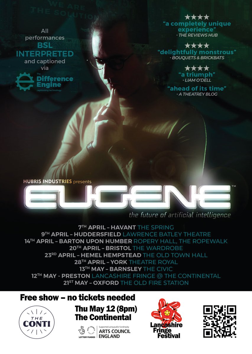 EnjoyTheShowUK's tweet photo. Later this week!
#lancsfringe

Lancashire Monologues
Weds May 11 – The Continental (8pm)
Free show – no tickets needed
Theatre performance
@lancashirepeop1

Eugene
Thurs May 12 – The Continental (8pm)
Comedy theatre
Free show – no tickets needed
Age 14+
@EugeneTheShow https://t.co/FcL2VwiaYS