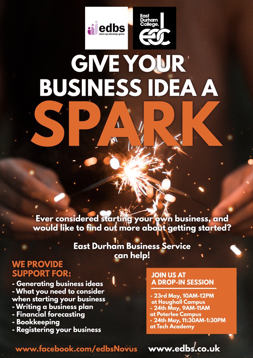 EdbsNovus's tweet image. Have you thought about starting your own business but don't know where to start? If the answer is yes, please come along to our drop-in sessions later this month, which we're delivering in partnership with @EastDurhamCol 
edbs.co.uk/2022/05/10/edb…