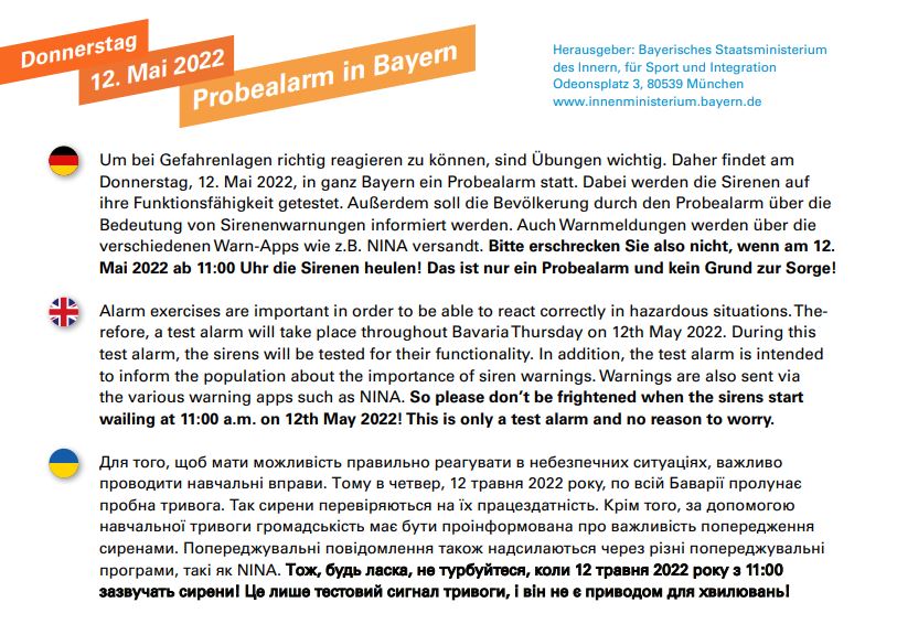 Probealarm der Sirenenanlagen am 12. Mai 🔔🆘
Welche Gemeinden im Landkreis Rottal-Inn daran beteiligt sind: bit.ly/3Fuh4aV
Weitere Infos: innenministerium.bayern.de/sus/katastroph…
©️ Bayerisches Innenministerium