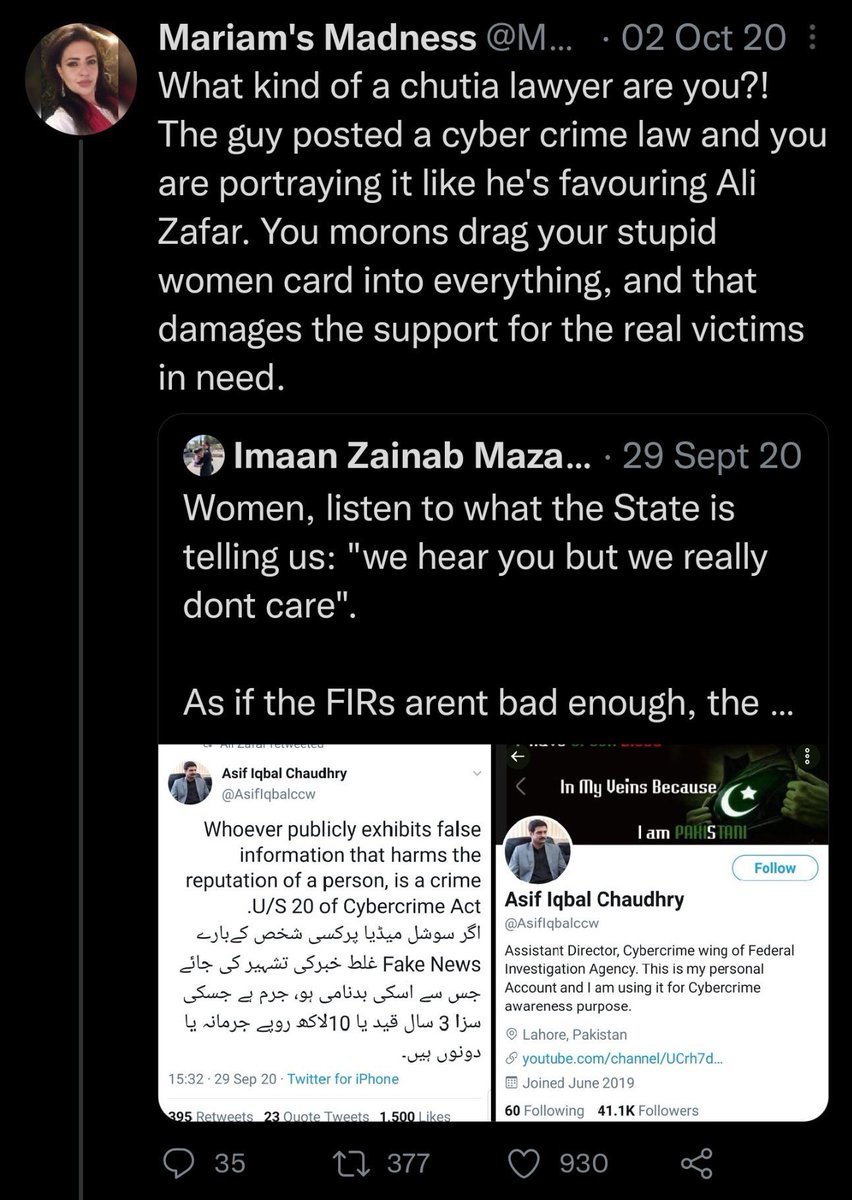 It cant get better than this. 

MaddyWithKhan abused Imaan Mazari for quoting FIA cybercrime director about misuse of cyber crime law.

Well now the same FIA and cyber crime law is being used against her and guess what? Imaan mazari is her lawyer.