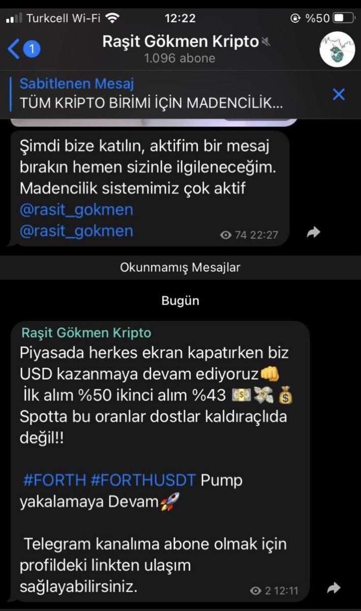 Bu Telegram kanalının benimle bir ilgisi yoktur! Madencilik yapıyoruz diye, benim twitlerimi çalarak Abone toplayıp Dolandırıcılık yapıyorlar! Dikkat edelim arladaşlar. Profilimdeki Link harici bir Telegram kanalım yok.! Bu dolandırıcılara itibar etmeyiniz!!
