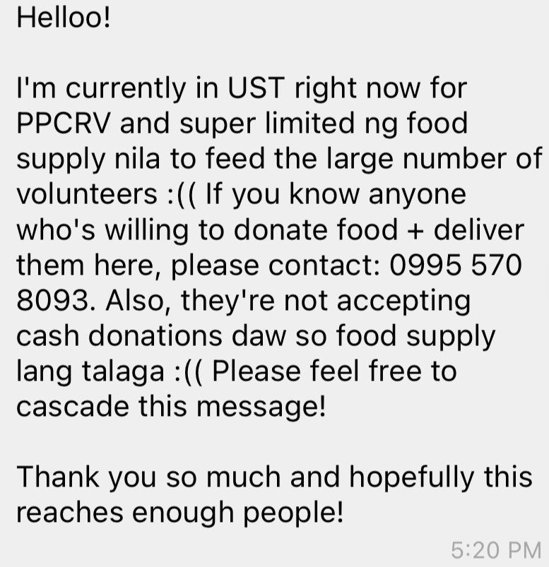 HELP RT!

a ppcrv volunteer has reached to one of my groupchats saying they are in need of food donations to feed all their volunteers !! NO CASH, FOOD ONLY!

please rt to reach more ppl, thank u !!