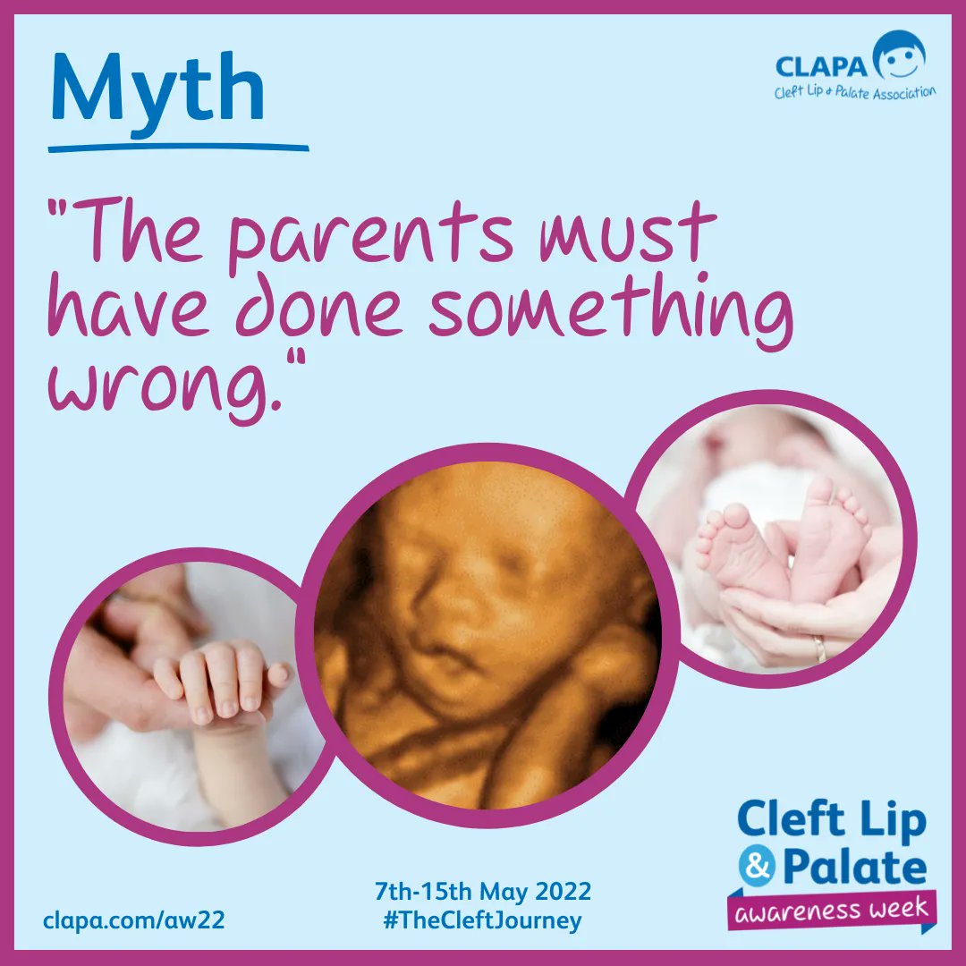 CLAPACOMMUNITY's tweet photo. MYTH 💭  "The parents must have done something wrong."

➡️ The causes of cleft are complicated and will be different for everyone, but it's very unlikely to be because of something a child's parents did or didn't do.
#MyCleftJourney #CleftAware https://t.co/2nLJEVCejg