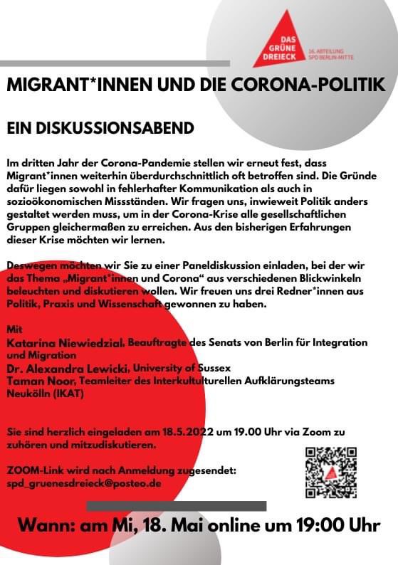 Am 18.Mai sprechen wir über den Umgang mit Migranten:innen während der Pandemi, u.a. mit <a href="/IntMigBerlin/">Integrationsbeauftragte Katarina Niewiedzial</a> kommt vorbei: bit.ly/3wjPf0C